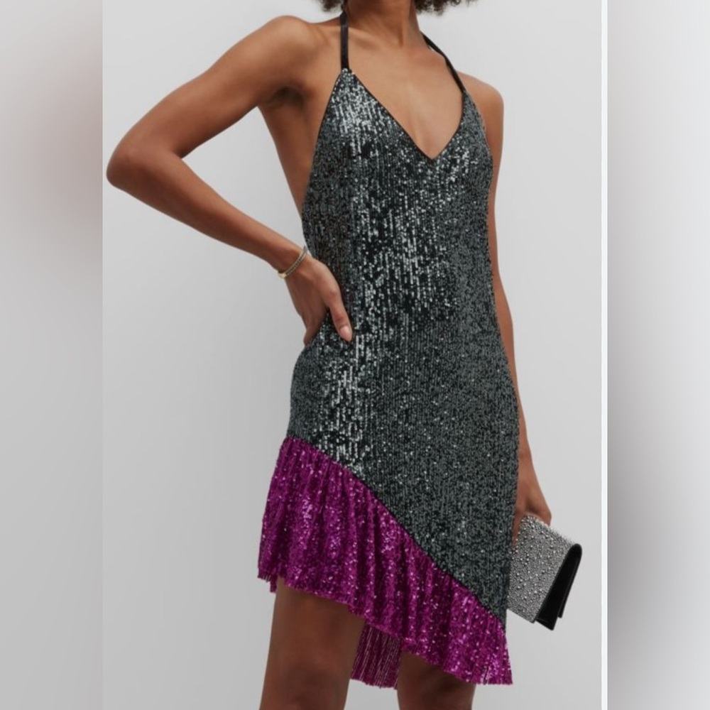 Glamorous Sequin Halter Dress in Silver and Purple mini